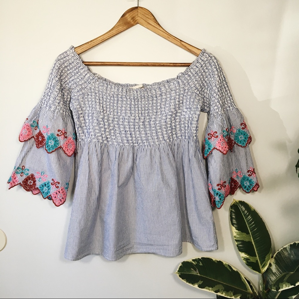 Loft Off Shoulder Striped Embroidered Ruffle Top